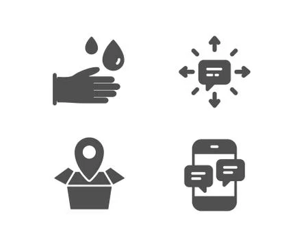 Sms, Package location and Rubber gloves icons. Phone messages sign. Stock Illustration
