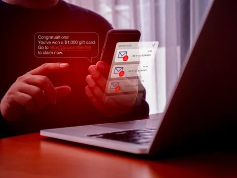 SMS spam, fake text message phishing scammer concept. Winning congratulatio.. Stock Photos