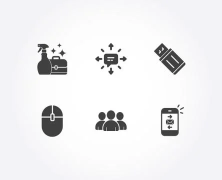 Sms, Usb flash and Group icons. Cleanser spray, Computer mouse and Mail signs. Illustrazione stock