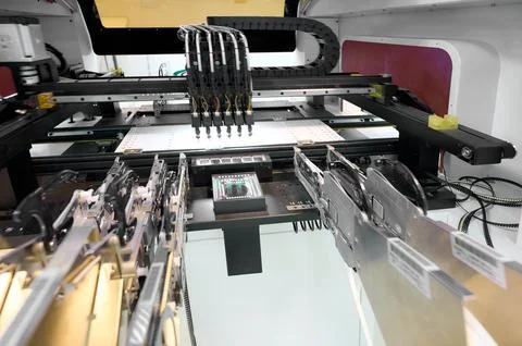 SMT placement machine in operation with multiple nozzles aligning components on Stock Photos