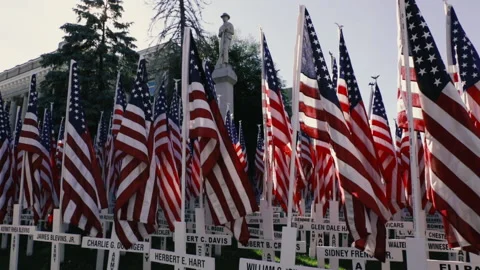 Smyth County Courthouse decorated with flags and crosses for Memorial Day Stock Footage 155172574