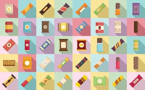 Snack bar icons set flat vector. Candy product Stock Illustration