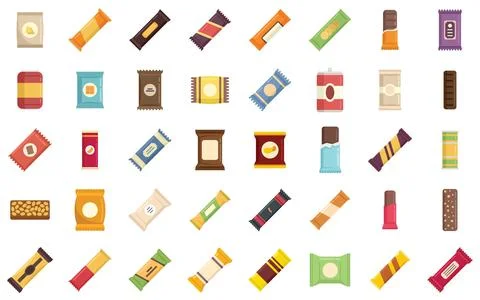 Snack bar icons set flat vector. Candy product Stock Illustration