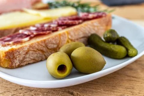 Snack bread with salami, bread with cheese and bread with mortadella Stock Photos