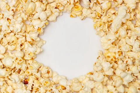 Snack concept, Sweet popcorn with empty space in circle shape of a white back Stock Photos