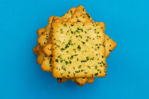 Snack concept, Vegetable crackers or biscuits stack on vertically in row over Stock Photos