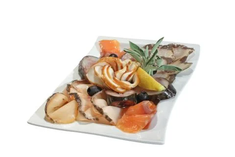 Snack of different fish varieties - combination of smoked salmon, sturgeon, h Stock Photos