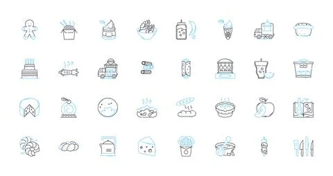 Snack linear icons set. Chips, Popcorn, Pretzels, Crackers, Nuts, Beefjerky Stock Illustration