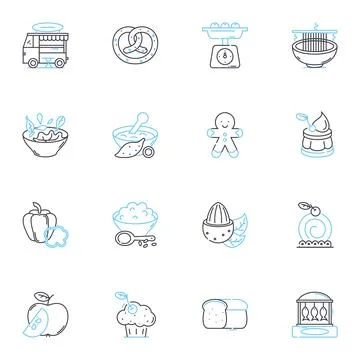 Snack linear icons set. Chips, Popcorn, Pretzels, Crackers, Nuts, Beefjerky Stockillustratie