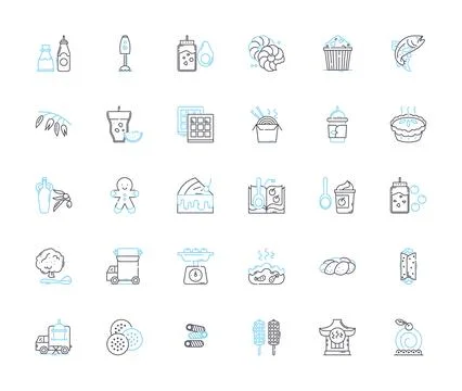 Snack linear icons set. Chips, Popcorn, Pretzels, Crackers, Nuts, Beefjerky Stockillustratie