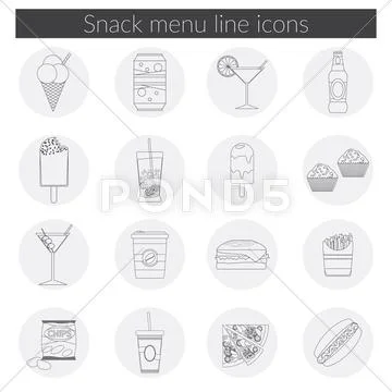 Snack Menu Line Icons Set Vector Illustration Of Food, Drink, Coffee, Hamburg