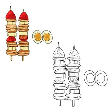 A snack of mini pancakes and fresh strawberries skewered on a wooden stick as a  Stock Illustration