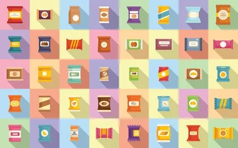 Snack pack icons set flat vector. Candy bag Stock Illustration