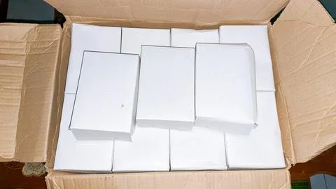 Snack-packed white cardboard boxes for events Stock Photos