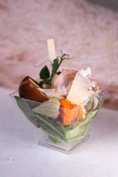 Snack in a plastic cup close-up. appetizer on the buffet table Stock Photos