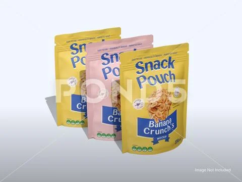 Snack Pouch Packaging Mockup with Standing Pouches 3D Rendering PSD Template