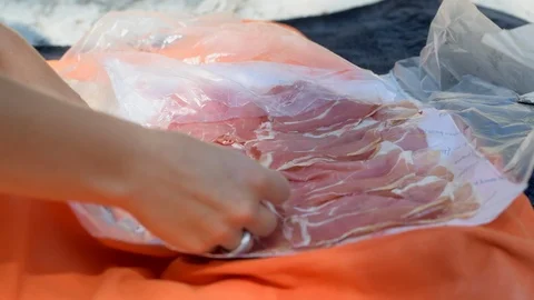 Snack preparation with ham Stock Footage 94263537