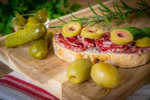 Snack slice of bread with salami Stock Photos