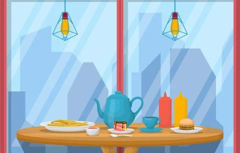 Snack on Table Cafe Restaurant City Skyscraper View Illustration Stock Illustration