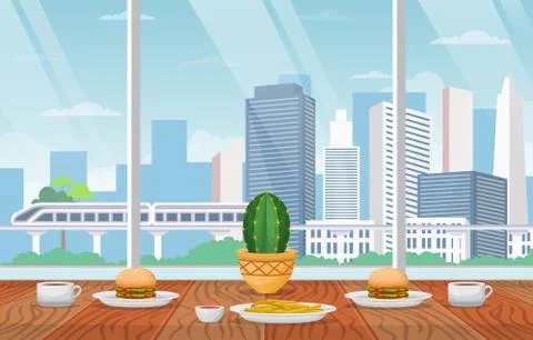 Snack on Table Cafe Restaurant City Skyscraper View Illustration Stock Illustration