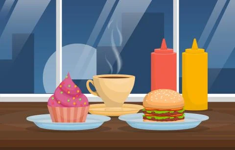 Snack on Table Cafe Restaurant City Skyscraper View Illustration Stock Illustration