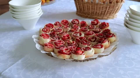 Snack table. Canape with vegetables and cheese. Festive table with sweet snacks Stock Footage 253324480