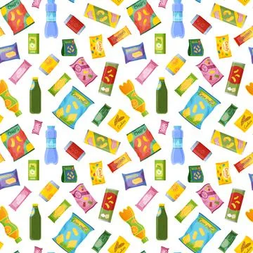 Snack vending pattern. Drink bottle. Food lunch bar. Candy box or packet. Sod Stock Illustration