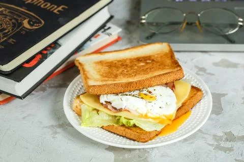 Snack at work or school, sandwich with poached Stock Photos