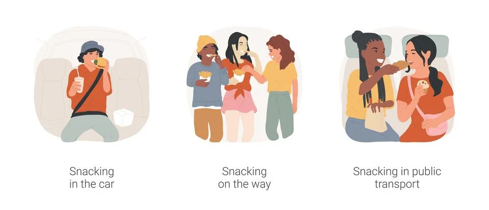 Snacking on the way isolated cartoon vector illustration set. Stock Illustration