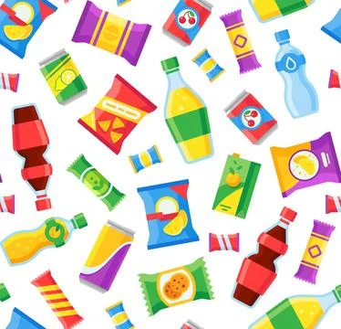 Snacks and drinks seamless pattern. Fast food snacking bags and soda bottle.. Stock Illustration