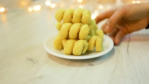 Snacks are on the plate medium short. The woman turns the plate. Appetizer in th Stock Footage 85102569