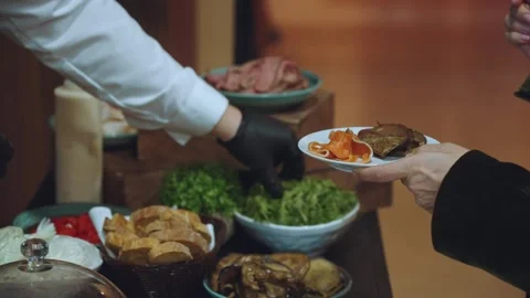 Snacks at a buffet, a table with snacks, a buffet at a banquet Stock Footage 287875674
