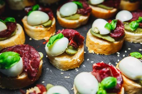 Snacks with meat and vegetables. Tapas with salmon and pickled cucumber. Pros Stock Photos