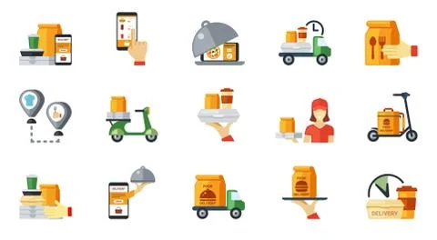 Snacks ordering and delivery icon set. Web route nearest cafe 24 hour restaurant Ilustração Stock