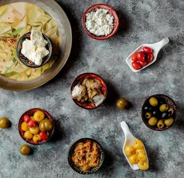 Snacks set on the table top view Stock Photos