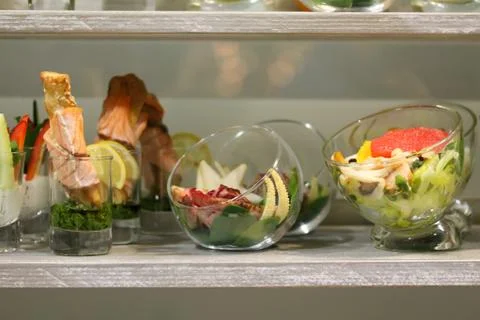 Snacks at the stand-up party or buffet lunch Stock Photos