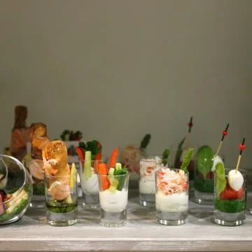 Snacks at the stand-up party or buffet lunch with copyspace Stock Photos