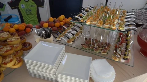 Snacks, treats, drinks, buffet, on presentation Stock Footage 111225751