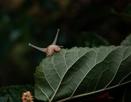 A snail bites a leaf of a mulberry tree Foto stock