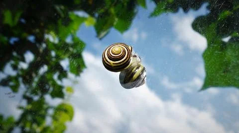 Snail with brown - white shell on a mirror - green leaves and clouds Stock Photos