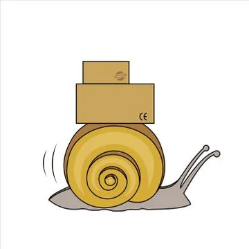Snail Carries A Cart With Boxes, Side view. Slow Delivery. Signs on Cardboard Stock Illustration