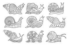 Snail drawing cartoon ornament set abstract mollusk doodle line ornate  symbol Illustration #248002924