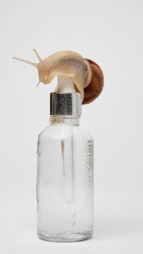 A snail crawls over a bottle of serum Stock Footage 239570049