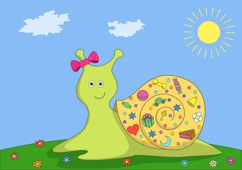 Snail on a green meadow Stock Illustration