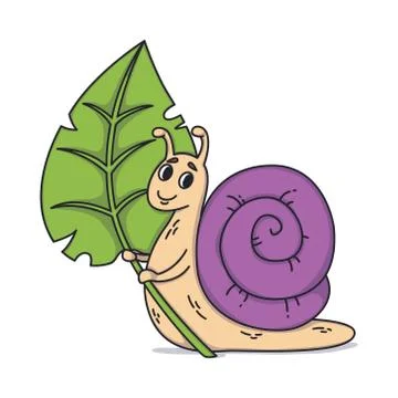 Snail holding a leaf. Vector cute illustration isolated on white background. Stock Illustration