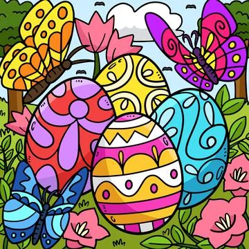 Snail on Mushroom with Easter Eggs Colored Ilustração Stock
