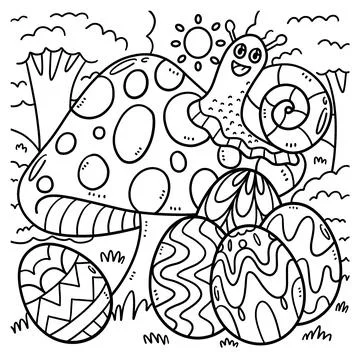 Snail on Mushroom with Easter Eggs Coloring Page Stock Illustration