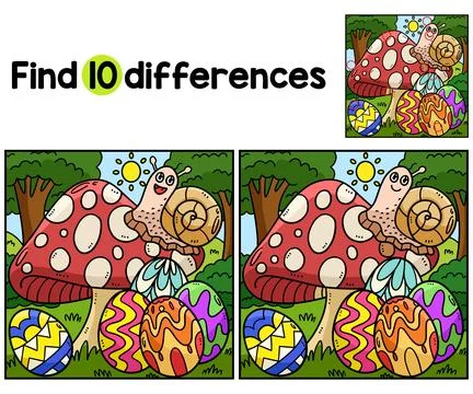 Snail on Mushroom Easter Eggs Find The Differences Stock Illustration