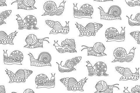 Snail ornament doodle seamless pattern repeat linear mollusk background trendy Illustrazione stock