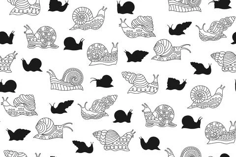 Snail ornament doodle seamless pattern repeat linear mollusk background trendy Illustrazione stock